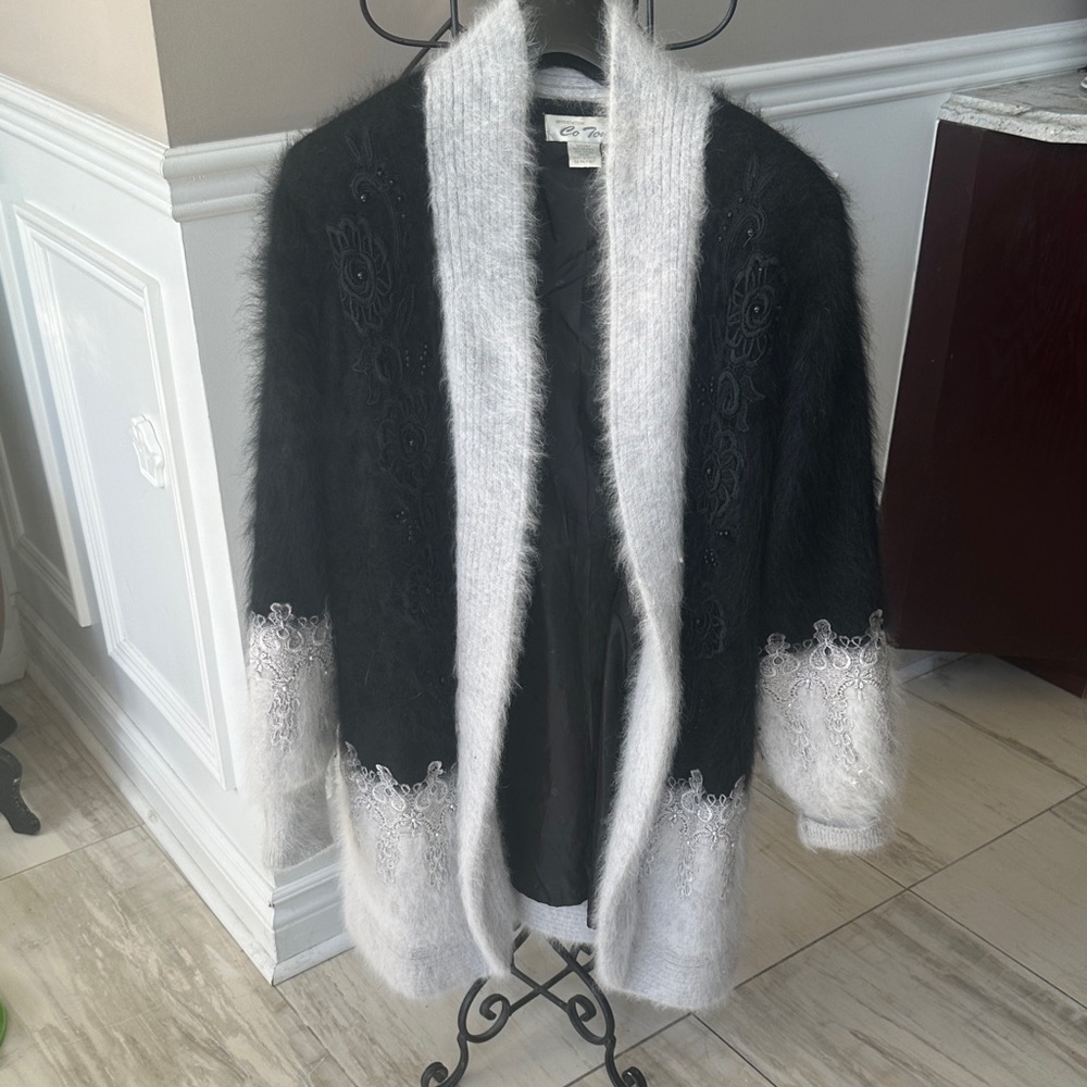 Elegant Black and White Women's vintage Angora Cardigan